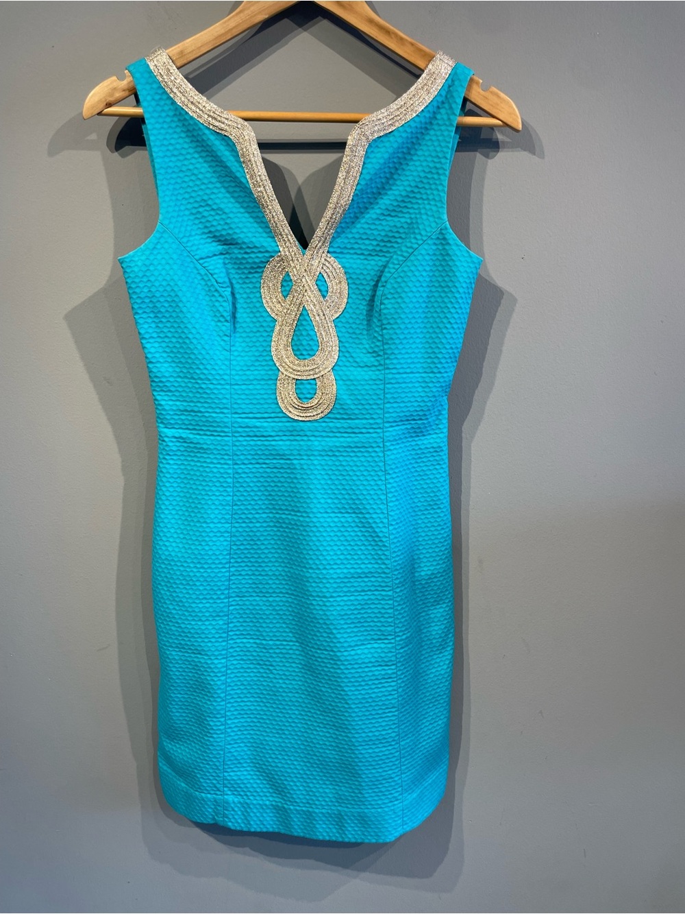 Lilly Pulitzer Turquoise Sleeveless Sheath Dress with Metallic Trim size 0